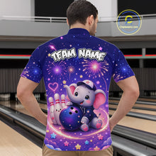 Load image into Gallery viewer, Man wearing custom funny elephant firework bowling 1/4 zip shirt, back view mockup, personalized bowling league jersey.