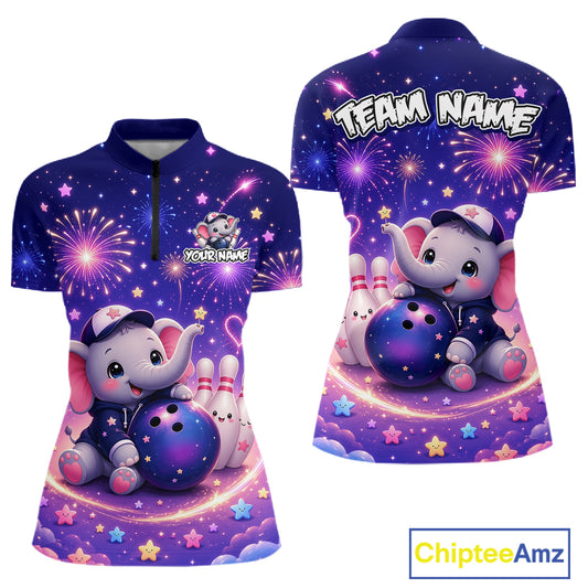 Custom funny elephant firework bowling quarter-zip shirt, front and back views, bowling league jersey for women