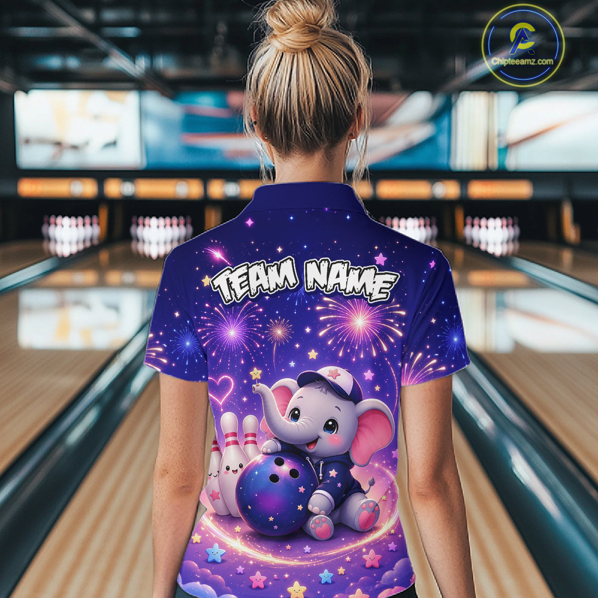 Woman wearing custom funny elephant firework bowling polo shirt, back view mockup, personalized bowling league jersey.