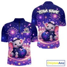 Load image into Gallery viewer, Custom funny elephant firework bowling quarter-zip shirt, front and back views, bowling league jersey for men