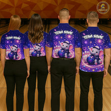 Load image into Gallery viewer, Bowling team wearing custom funny elephant firework bowling shirts, group back view mockup, personalized team jerseys.