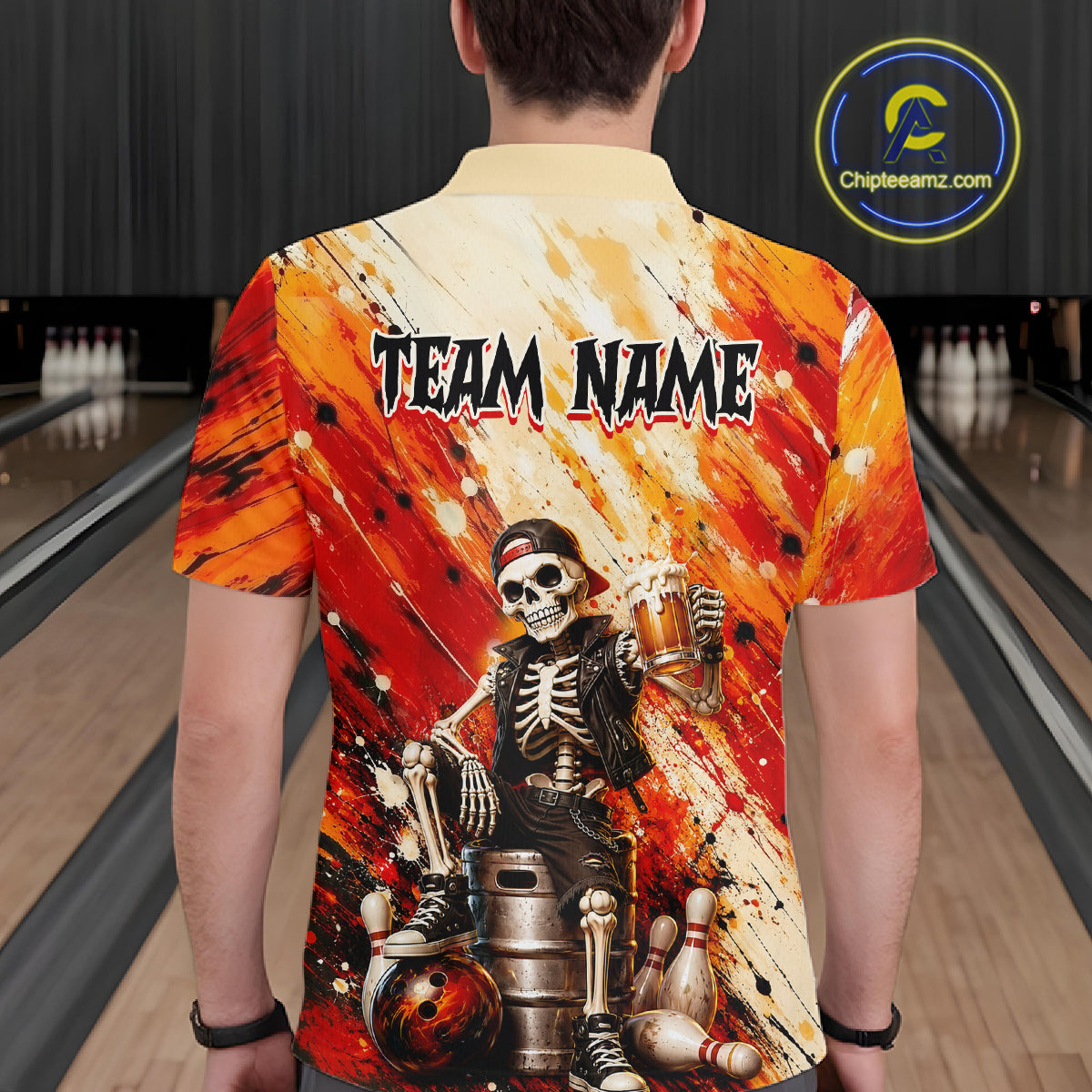 Man wearing custom orange skeleton & beer bowling polo shirt, back view mockup, personalized bowling league jersey.
