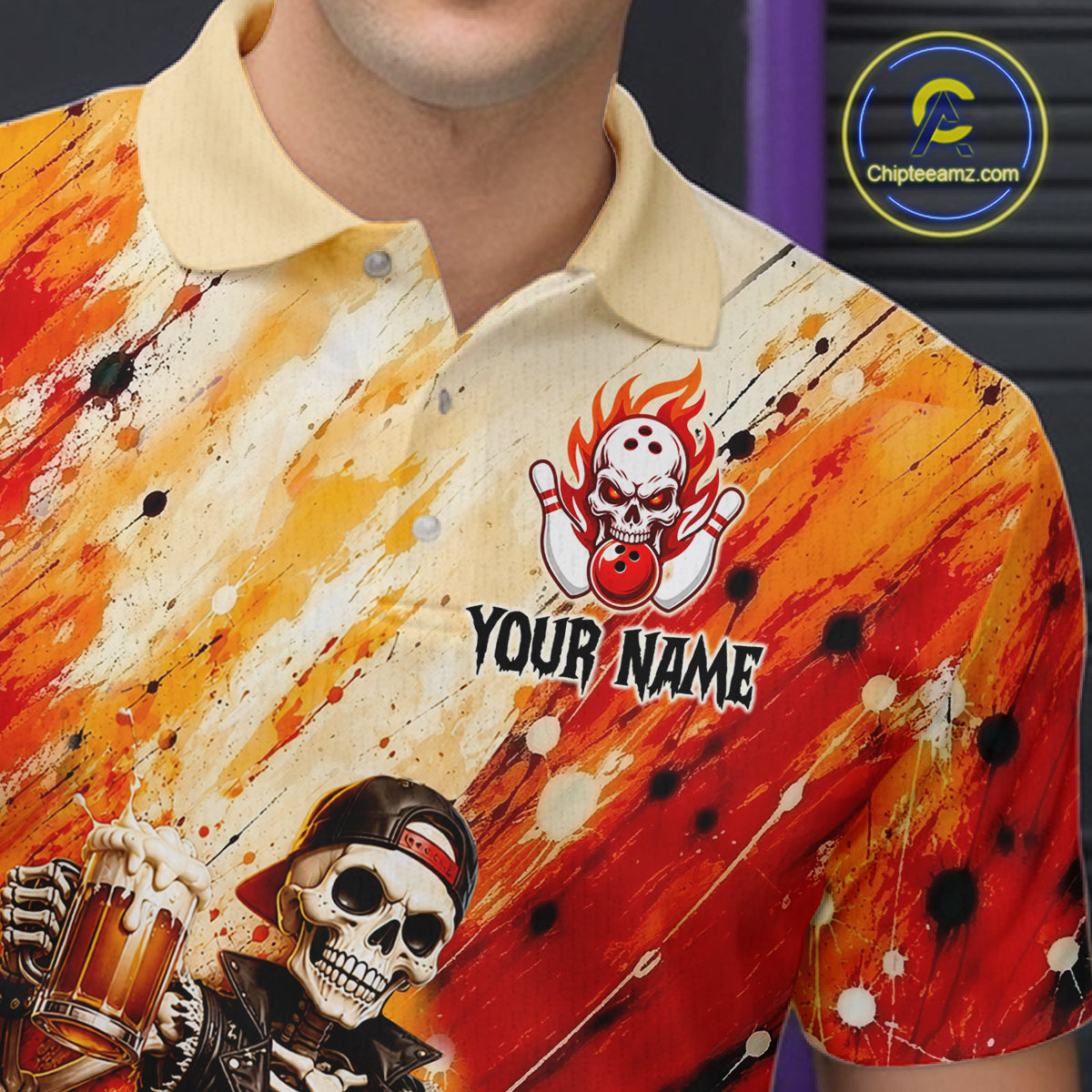 Close-up collar view of custom orange skeleton & beer bowling polo shirt with personalized name detail.
