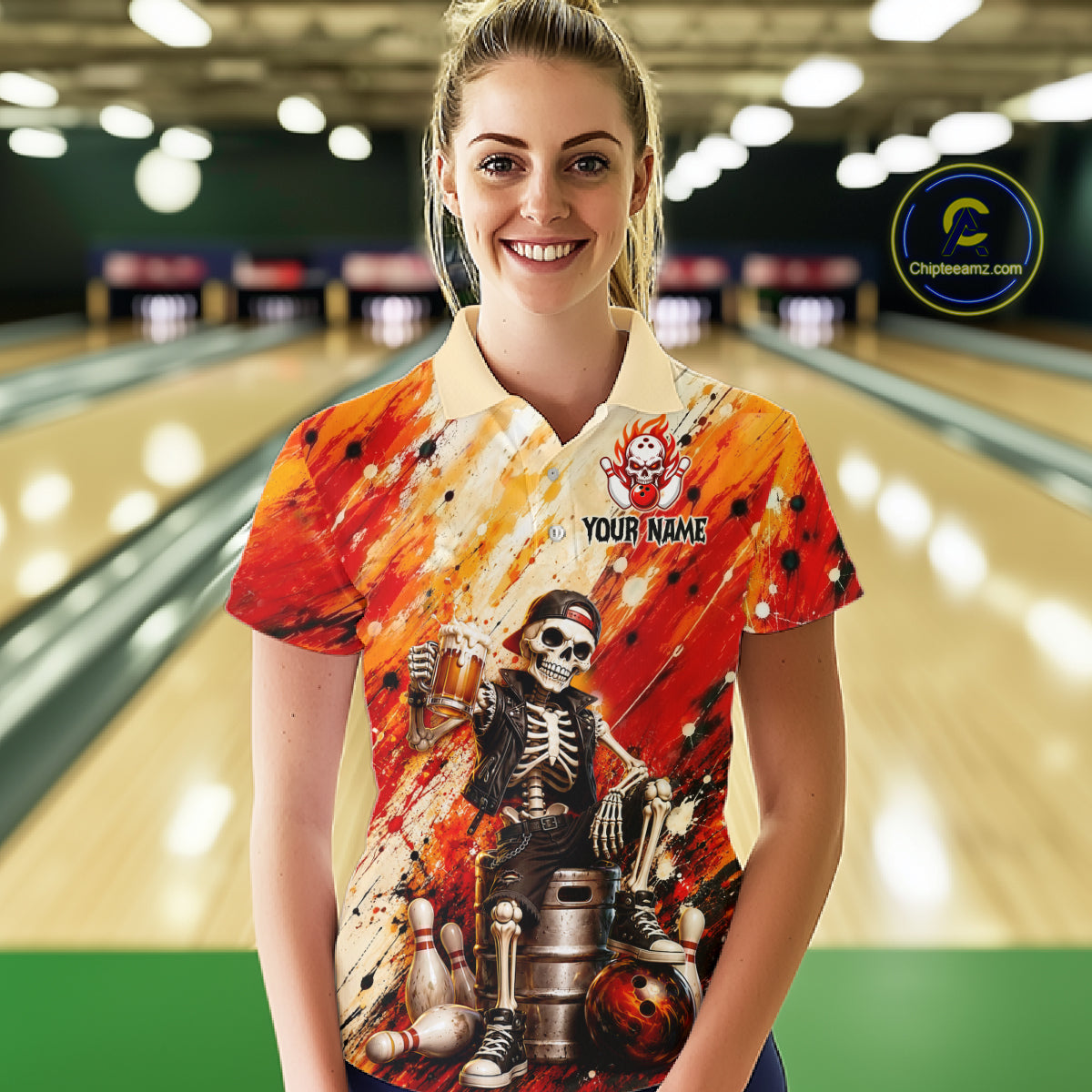 Woman wearing custom orange skeleton & beer bowling polo shirt, front view mockup, personalized bowling league jersey.