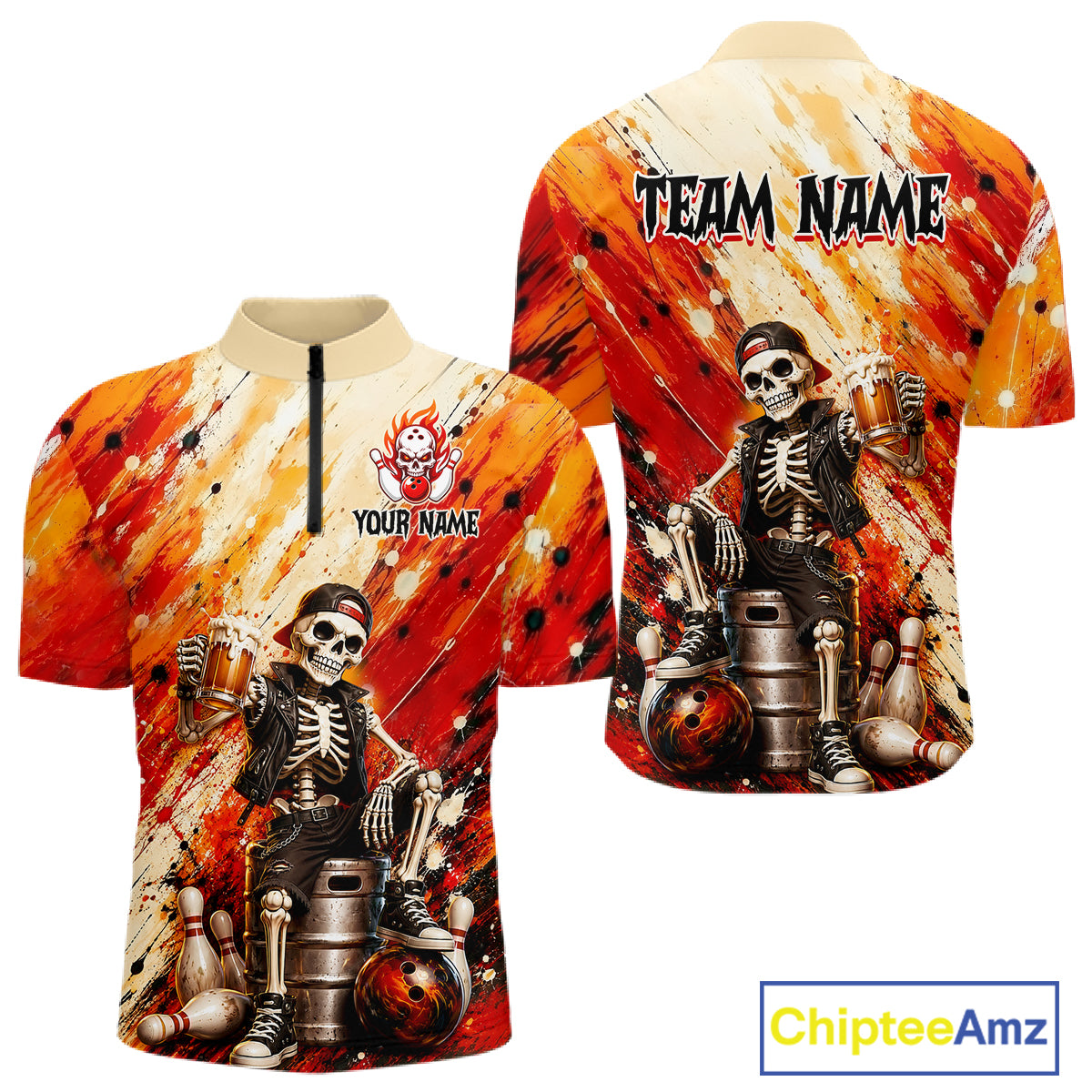 Custom orange skeleton & beer bowling quarter-zip shirt, front and back views, bowling league jersey for men