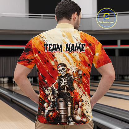 Man wearing custom orange skeleton & beer bowling 1/4 zip shirt, back view mockup, personalized bowling league jersey.