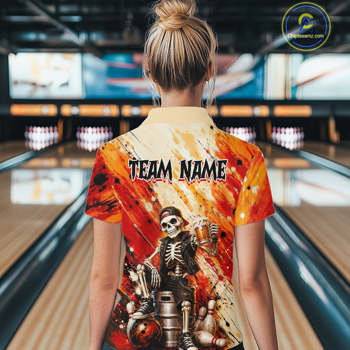 Woman wearing custom orange skeleton & beer bowling polo shirt, back view mockup, personalized bowling league jersey.
