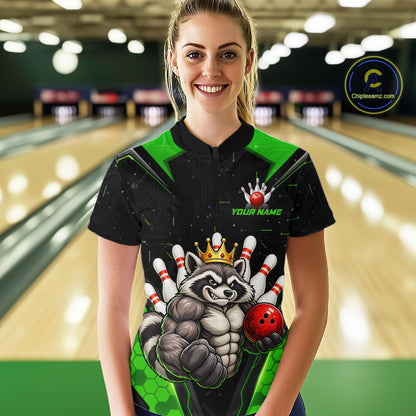 Custom Green Funny Raccoon Bowling Shirt for Women Bowling Team Jersey Bowler Gift QZT1300