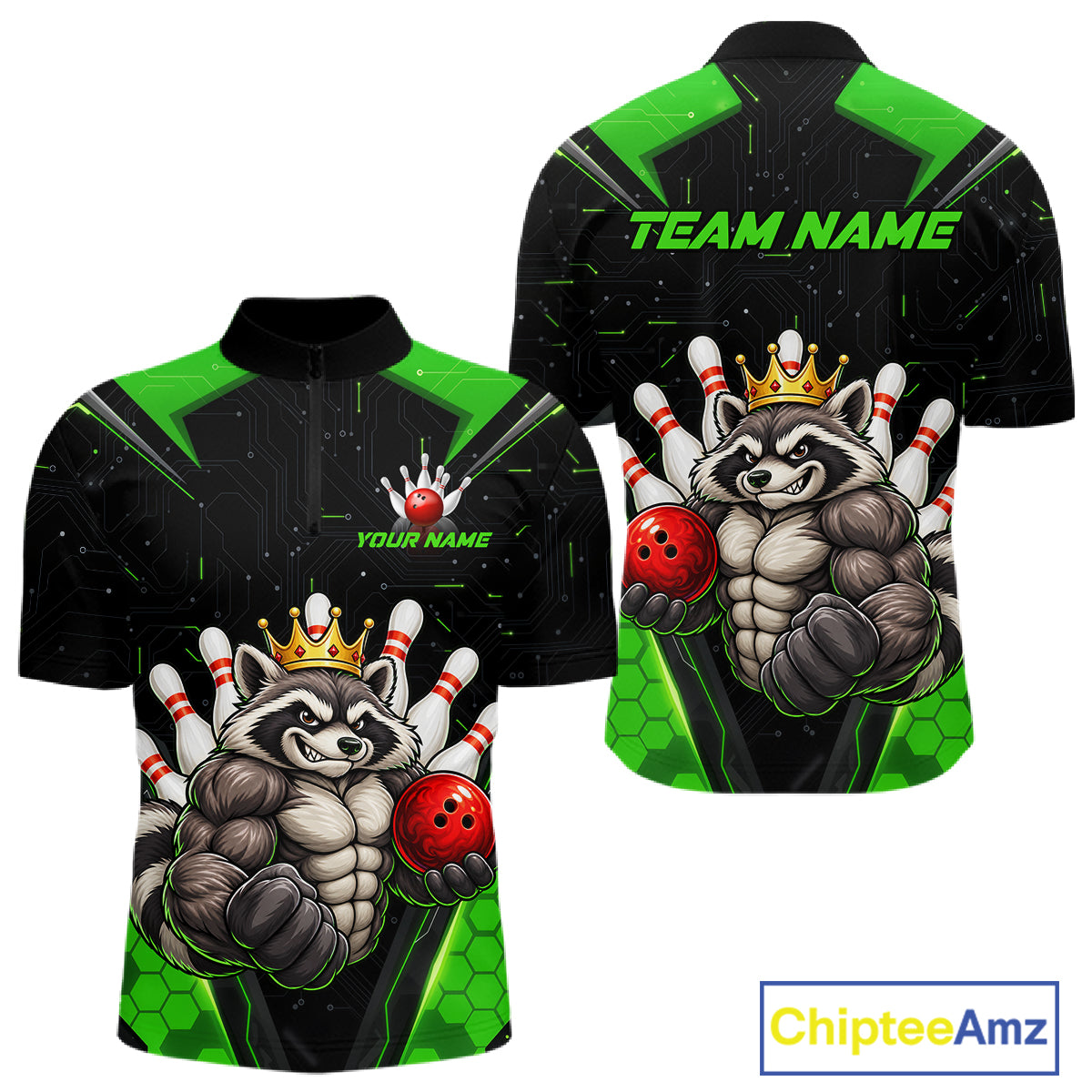 Custom Green Funny Raccoon Bowling Shirt for Men Bowling Team Jersey Bowler Gift QZT1300