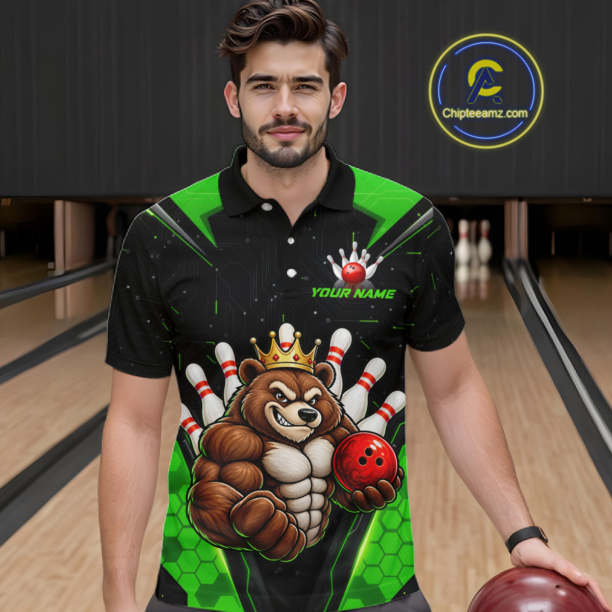 Custom Green Funny Bear Bowling Shirt for Men Bowling Team Jersey Bowler Gift QZT1301