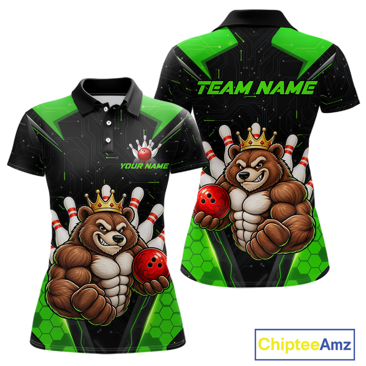Custom Green Funny Bear Bowling Shirt for Women Bowling Team Jersey Bowler Gift QZT1301