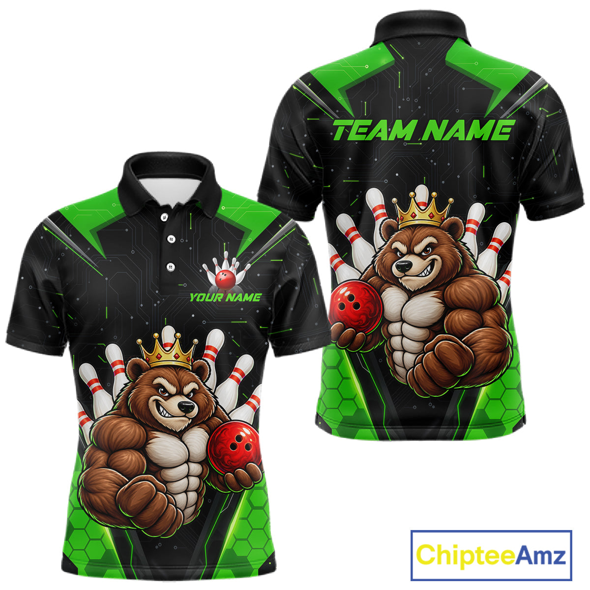 Custom Green Funny Bear Bowling Shirt for Men Bowling Team Jersey Bowler Gift QZT1301