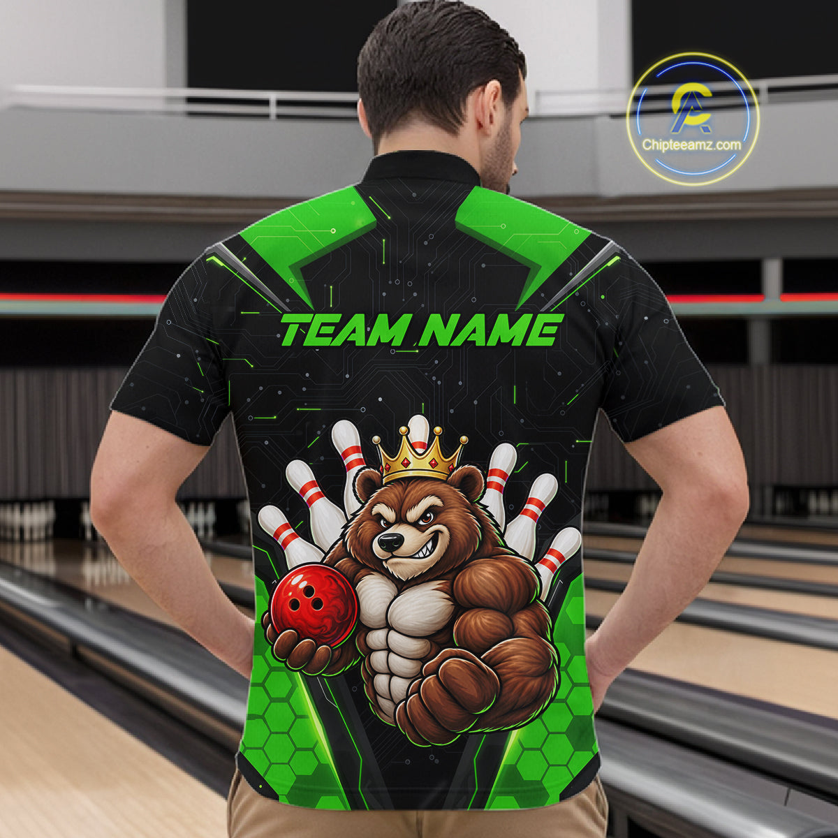 Custom Green Funny Bear Bowling Shirt for Men Bowling Team Jersey Bowler Gift QZT1301