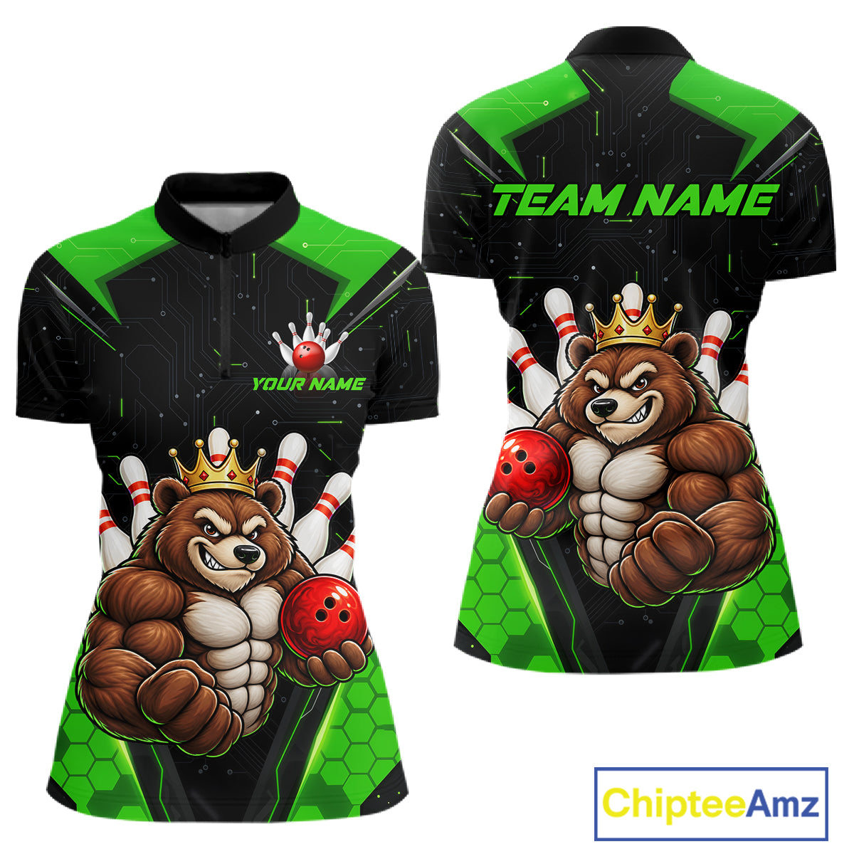 Custom Green Funny Bear Bowling Shirt for Women Bowling Team Jersey Bowler Gift QZT1301