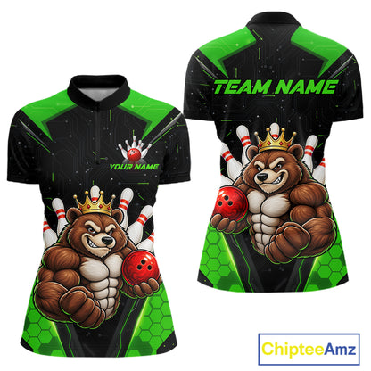 Custom Green Funny Bear Bowling Shirt for Women Bowling Team Jersey Bowler Gift QZT1301
