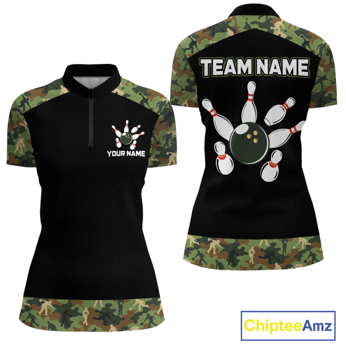 Custom Camouflage Bowling Shirt for Women Bowling Team Jersey Polo & Quarter-Zip QZT1304