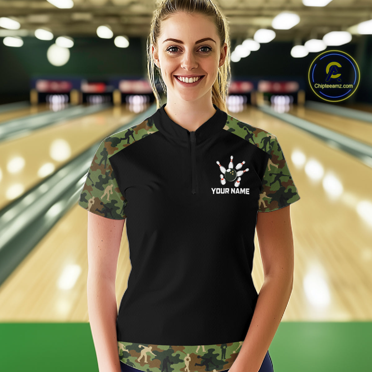 Custom Camouflage Bowling Shirt for Women Bowling Team Jersey Polo & Quarter-Zip QZT1304