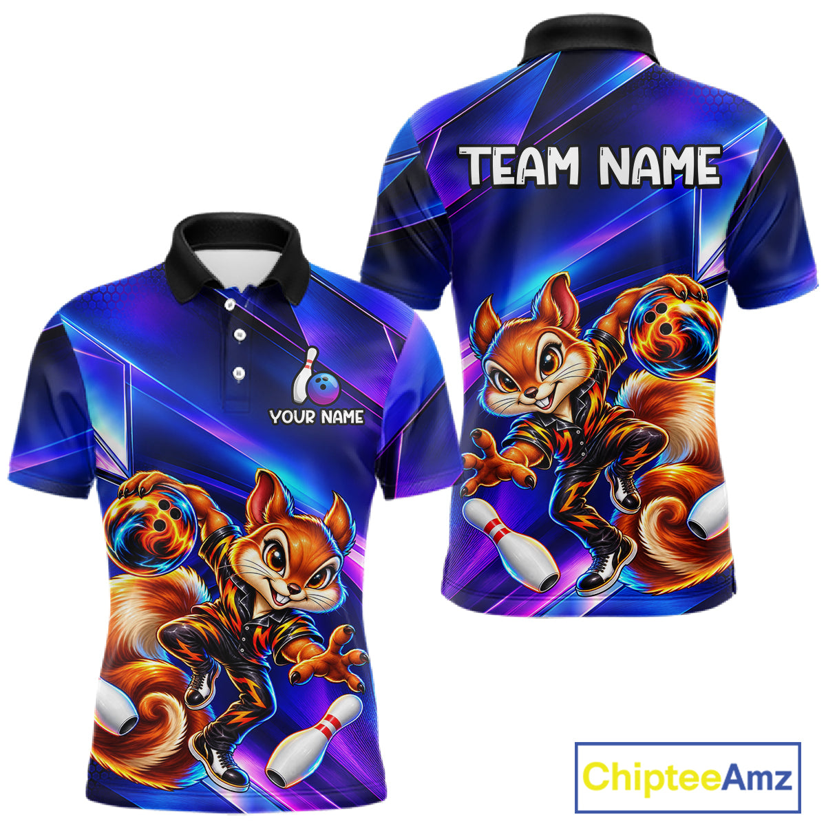 Funny Squirrel Bowling Shirt for Men Custom Neon Blue Bowling Jersey Polo & 1/4-Zip QZT1373