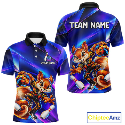Funny Squirrel Bowling Shirt for Men Custom Neon Blue Bowling Jersey Polo & 1/4-Zip QZT1373