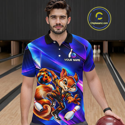 Funny Squirrel Bowling Shirt for Men Custom Neon Blue Bowling Jersey Polo & 1/4-Zip QZT1373