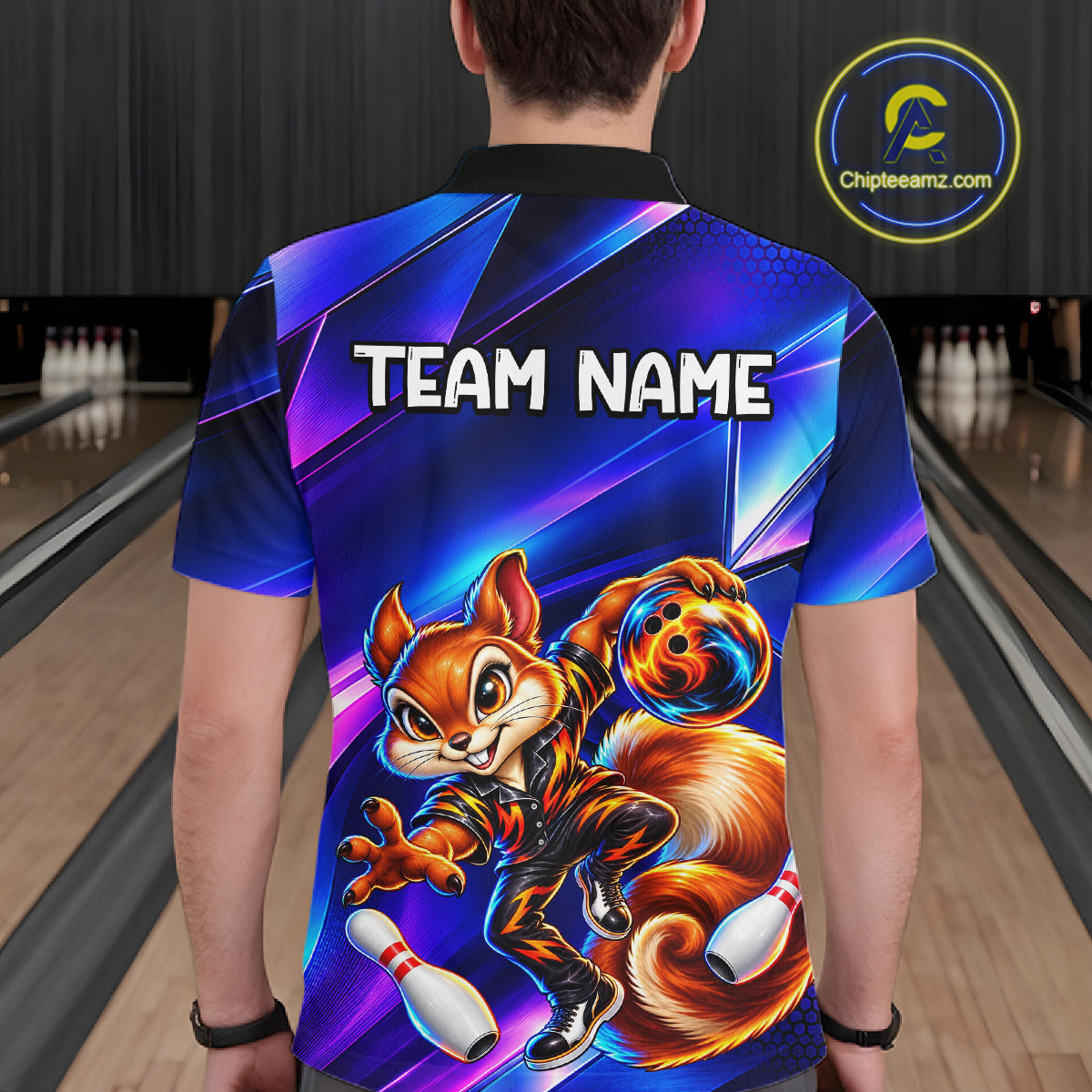 Funny Squirrel Bowling Shirt for Men Custom Neon Blue Bowling Jersey Polo & 1/4-Zip QZT1373