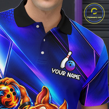 Funny Squirrel Bowling Shirt for Men Custom Neon Blue Bowling Jersey Polo & 1/4-Zip QZT1373