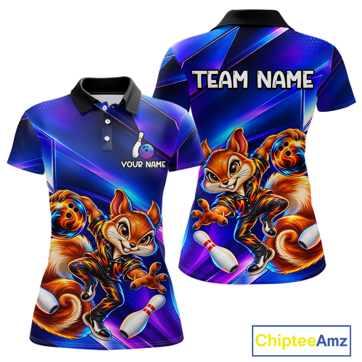 Funny Squirrel Bowling Shirt for Women Custom Neon Blue Bowling Jersey Polo & 1/4-Zip QZT1373
