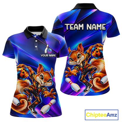 Funny Squirrel Bowling Shirt for Women Custom Neon Blue Bowling Jersey Polo & 1/4-Zip QZT1373