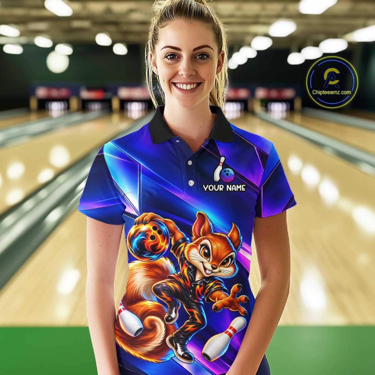 Funny Squirrel Bowling Shirt for Women Custom Neon Blue Bowling Jersey Polo & 1/4-Zip QZT1373