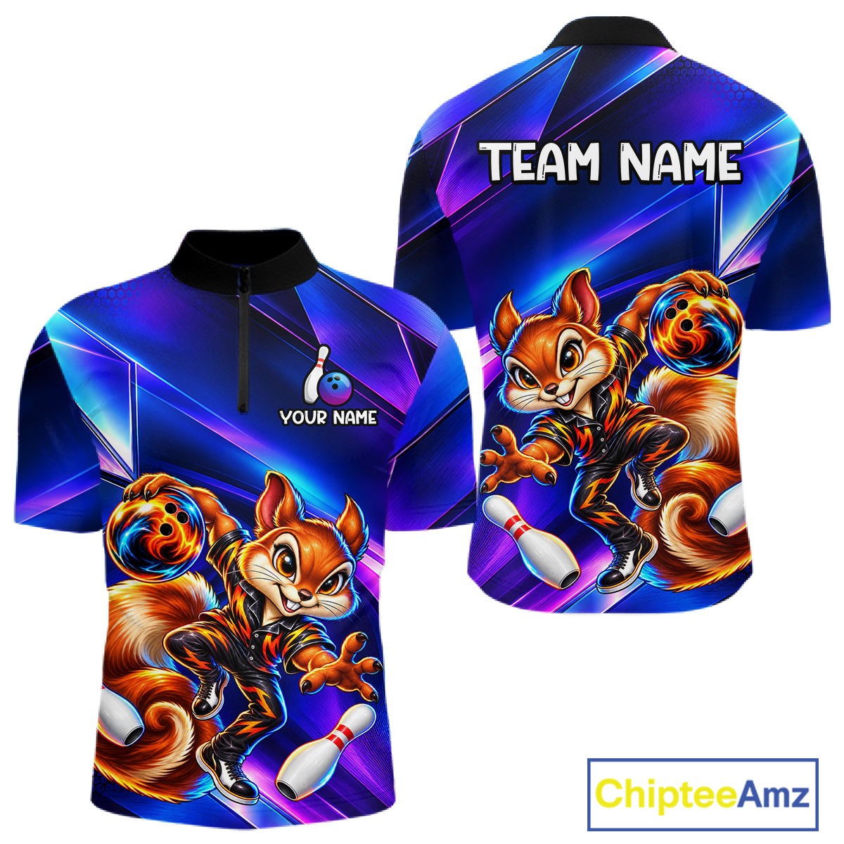 Funny Squirrel Bowling Shirt for Men Custom Neon Blue Bowling Jersey Polo & 1/4-Zip QZT1373