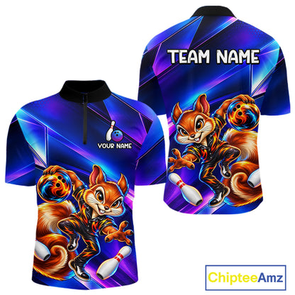 Funny Squirrel Bowling Shirt for Men Custom Neon Blue Bowling Jersey Polo & 1/4-Zip QZT1373