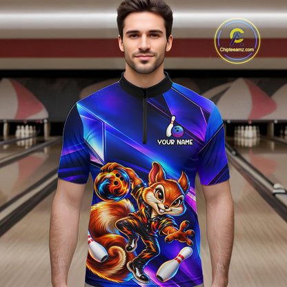 Funny Squirrel Bowling Shirt for Men Custom Neon Blue Bowling Jersey Polo & 1/4-Zip QZT1373