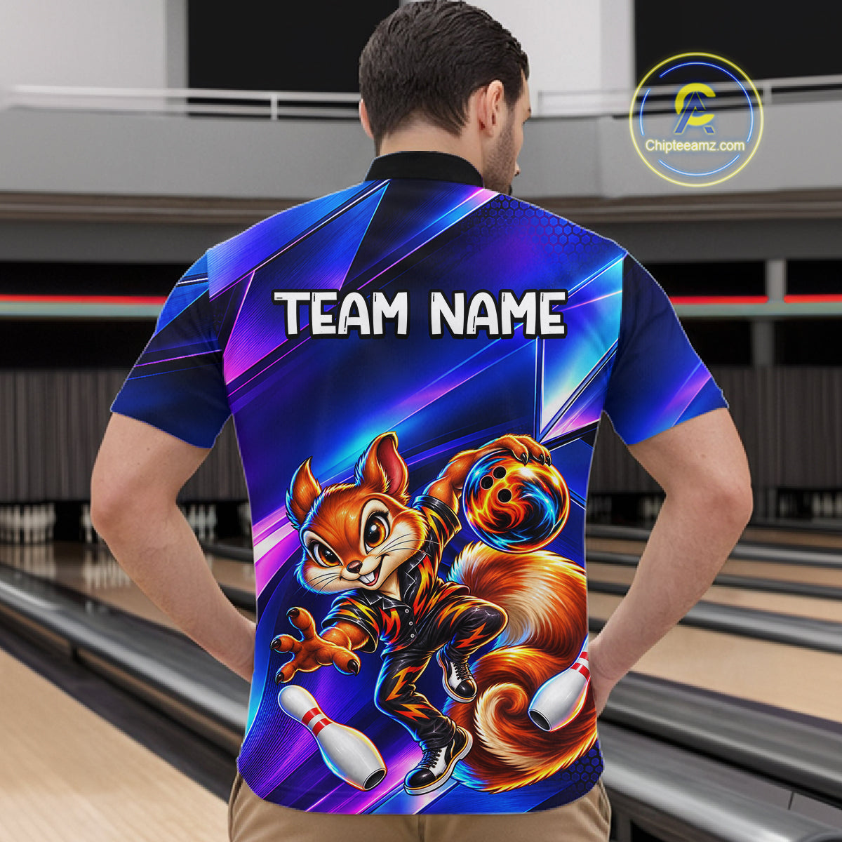 Funny Squirrel Bowling Shirt for Men Custom Neon Blue Bowling Jersey Polo & 1/4-Zip QZT1373