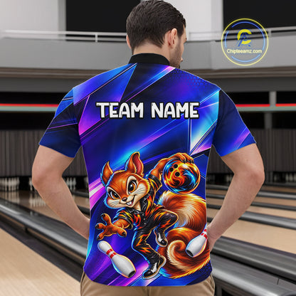 Funny Squirrel Bowling Shirt for Men Custom Neon Blue Bowling Jersey Polo & 1/4-Zip QZT1373