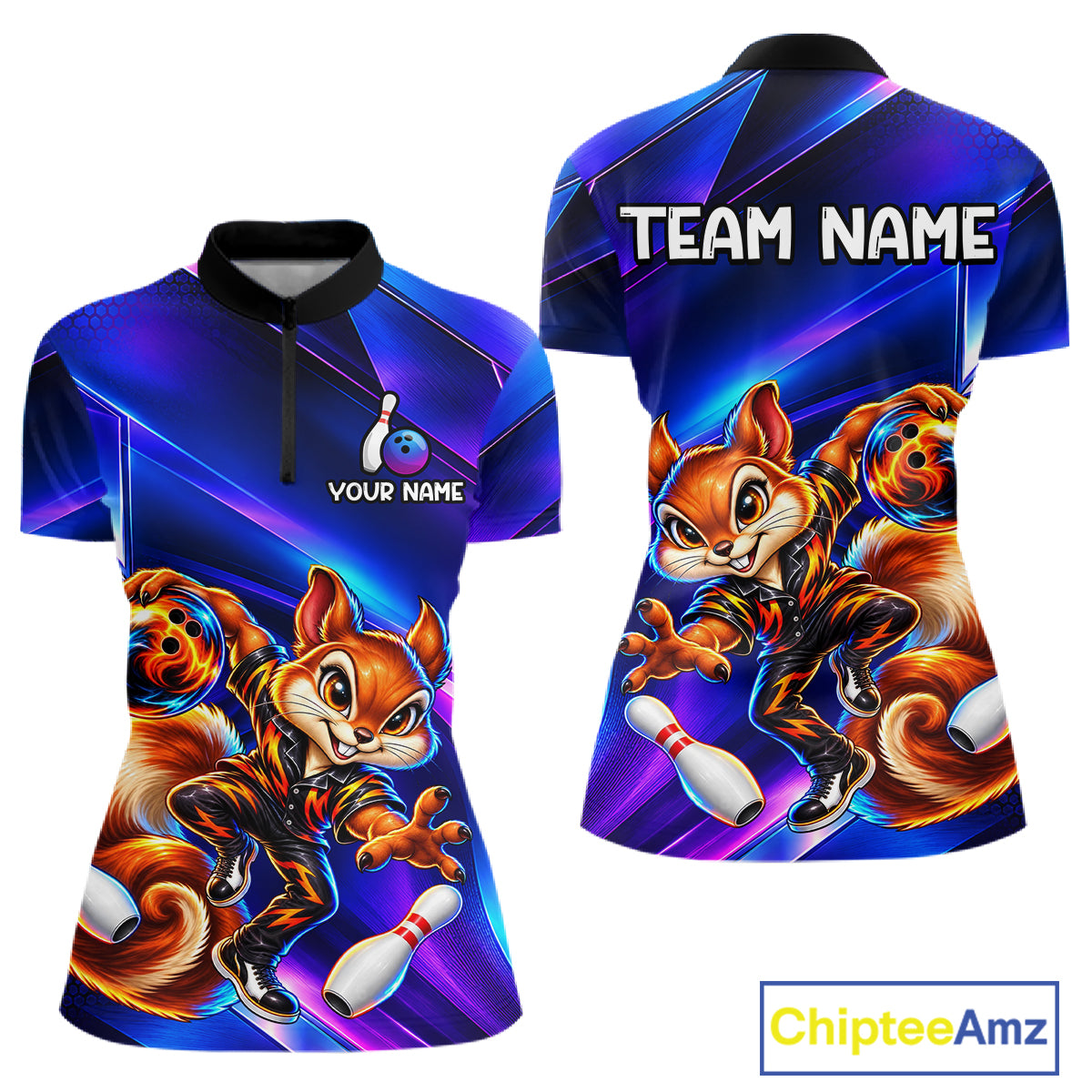 Funny Squirrel Bowling Shirt for Women Custom Neon Blue Bowling Jersey Polo & 1/4-Zip QZT1373