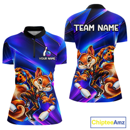 Funny Squirrel Bowling Shirt for Women Custom Neon Blue Bowling Jersey Polo & 1/4-Zip QZT1373