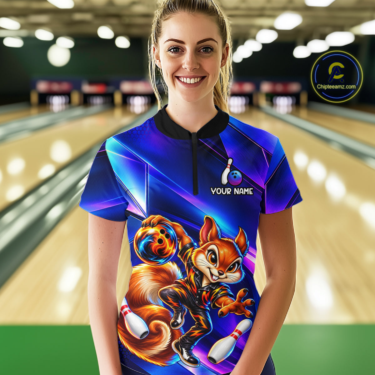 Funny Squirrel Bowling Shirt for Women Custom Neon Blue Bowling Jersey Polo & 1/4-Zip QZT1373