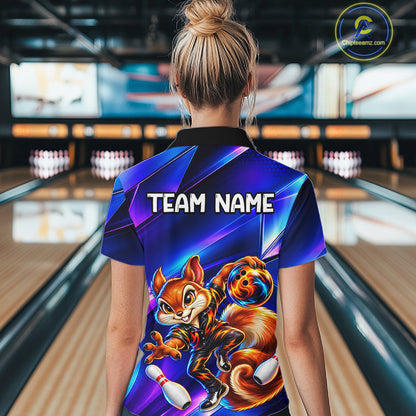Funny Squirrel Bowling Shirt for Women Custom Neon Blue Bowling Jersey Polo & 1/4-Zip QZT1373