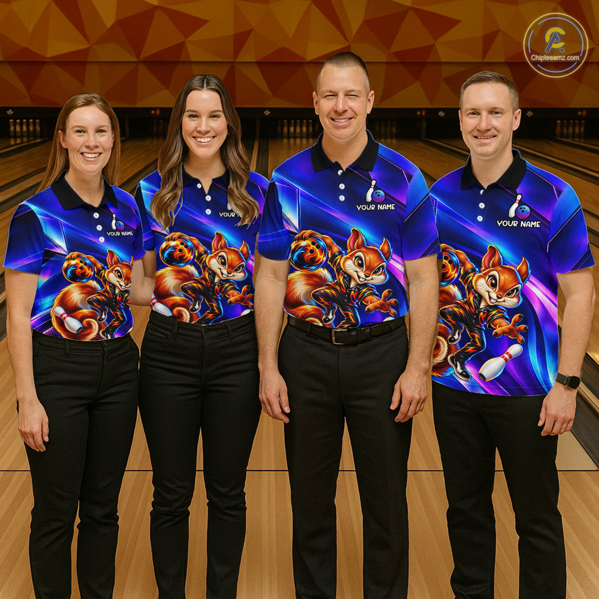 Funny Squirrel Bowling Shirt for Men Custom Neon Blue Bowling Jersey Polo & 1/4-Zip QZT1373