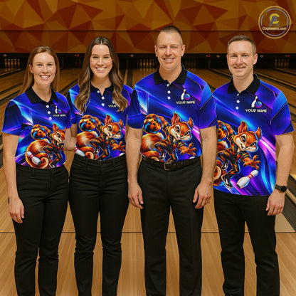 Funny Squirrel Bowling Shirt for Men Custom Neon Blue Bowling Jersey Polo & 1/4-Zip QZT1373