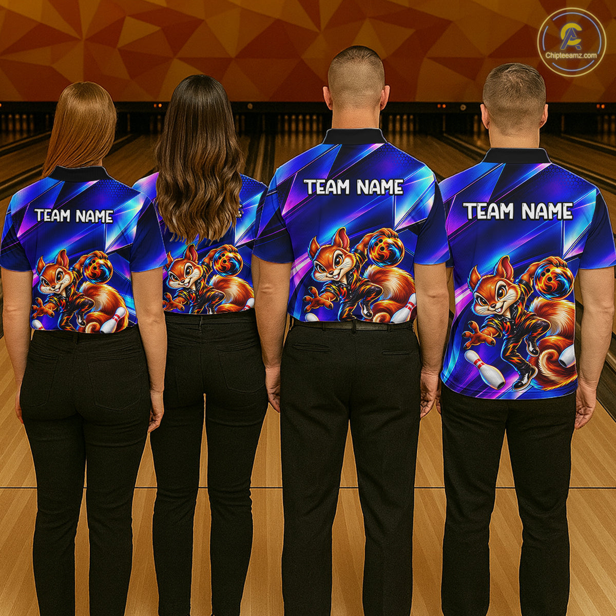 Funny Squirrel Bowling Shirt for Men Custom Neon Blue Bowling Jersey Polo & 1/4-Zip QZT1373