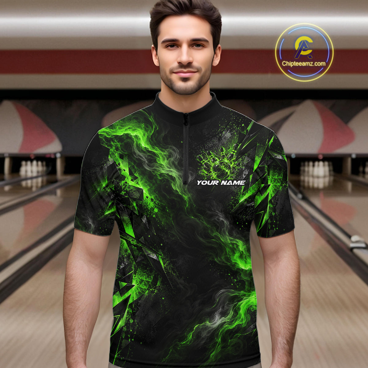 Custom Green Bowling Team Shirt for Men Bowling League Jersey Polo & 1/4-Zip QZT1376