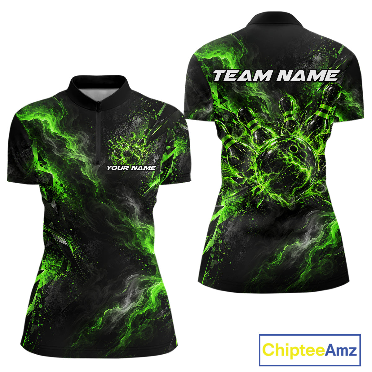 Custom Green Bowling Team Shirt for Women Bowling League Jersey Polo & 1/4-Zip QZT1376