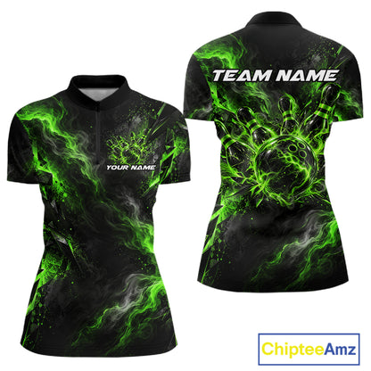Custom Green Bowling Team Shirt for Women Bowling League Jersey Polo & 1/4-Zip QZT1376