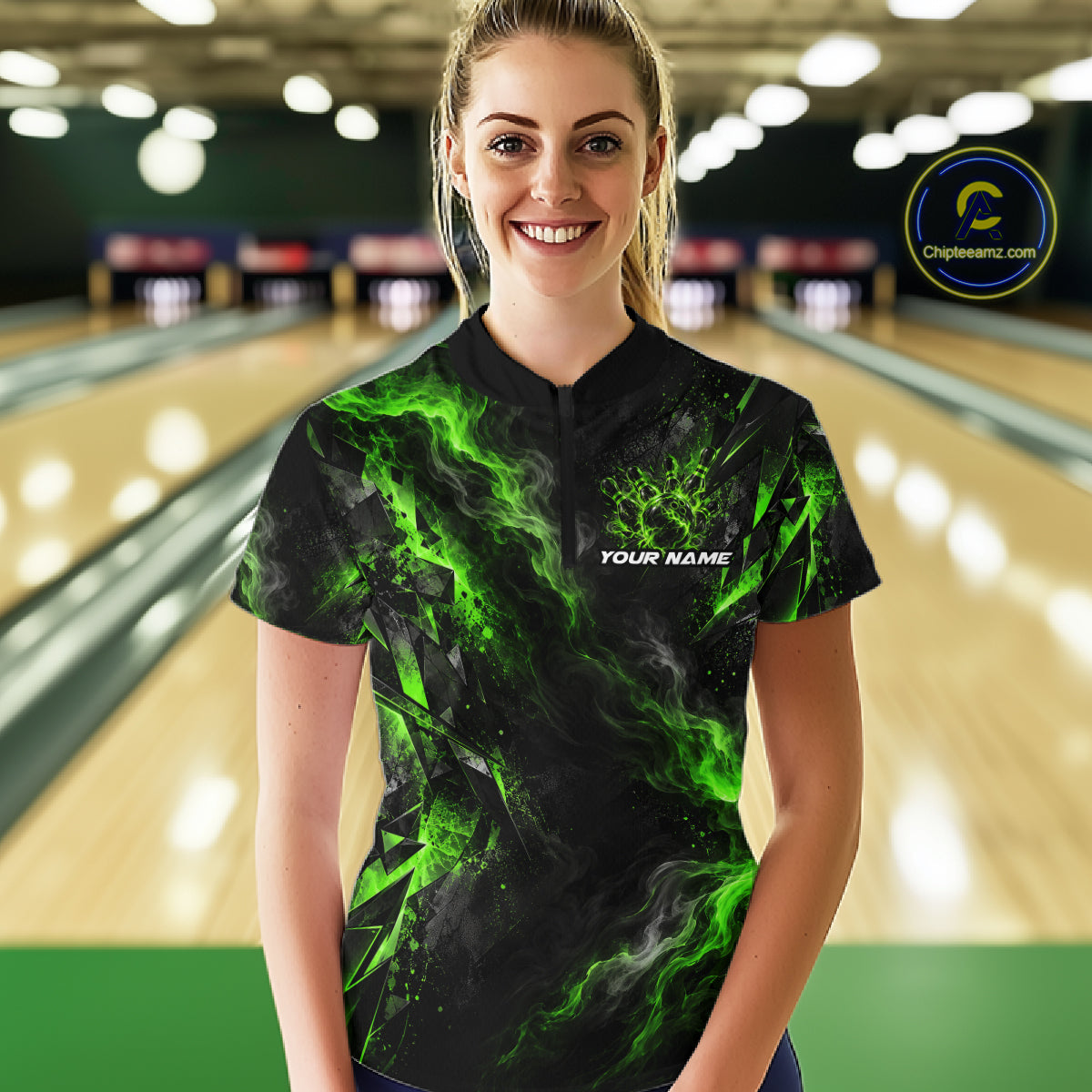 Custom Green Bowling Team Shirt for Women Bowling League Jersey Polo & 1/4-Zip QZT1376