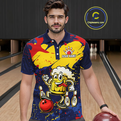 Red & Yellow Funny Beer Bowling Shirt Custom Navy Bowling Jersey for Men Bowling Team QZT811