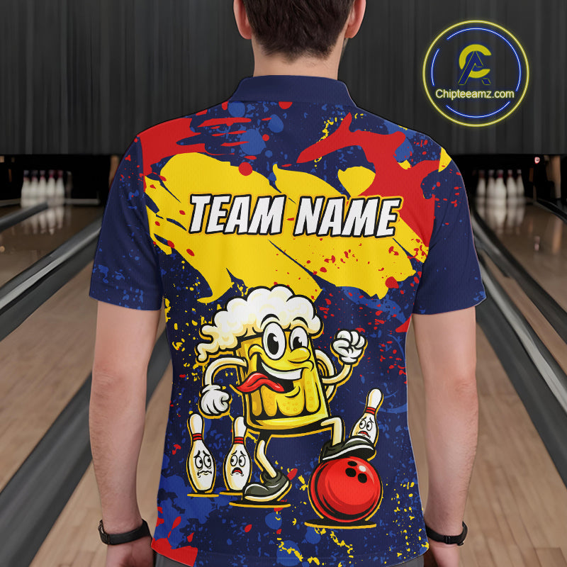 Red & Yellow Funny Beer Bowling Shirt Custom Navy Bowling Jersey for Men Bowling Team QZT811