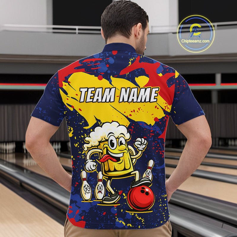 Red & Yellow Funny Beer Bowling Shirt Custom Navy Bowling Jersey for Men Bowling Team QZT811