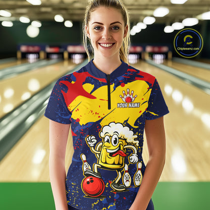 Red & Yellow Funny Beer Bowling Shirt Custom Navy Bowling Jersey for Women Bowling Team QZT811