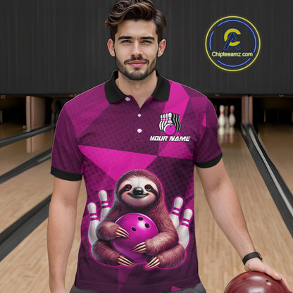 Pink Funny Sloth Bowling Shirt for Men Custom Bowling Jersey Polo & Quarter-Zip Bowling Outfit QZT995